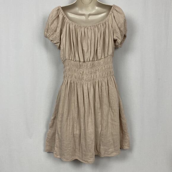 Vtg Poof Dress Womens Large Beige Tan Smocked Gauzy Milkmaid Peasant Babydoll - Picture 5 of 13